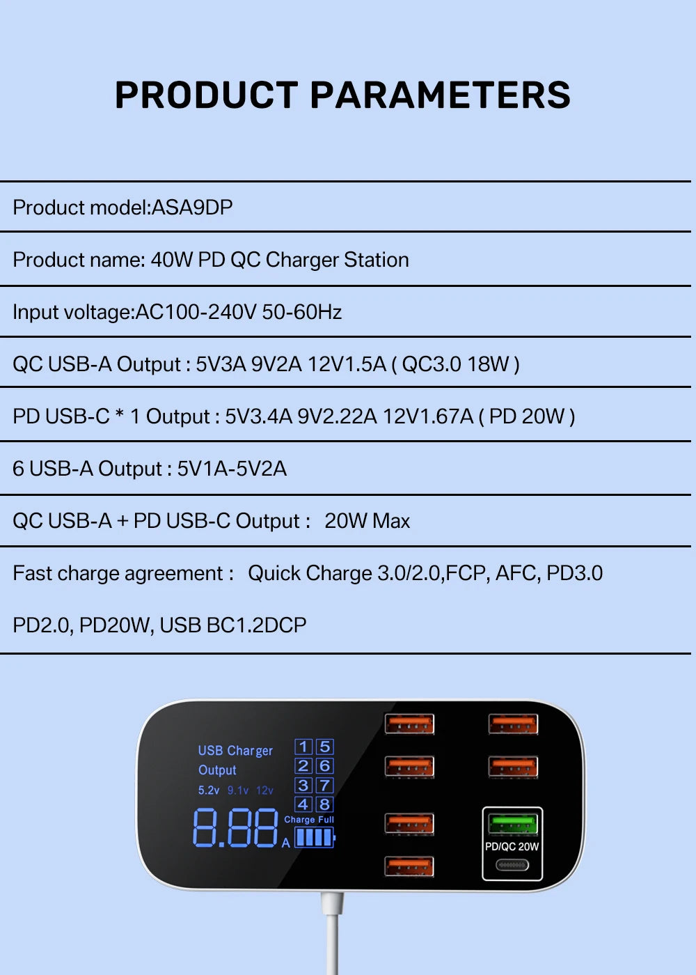 ASOMETECH 8 Port Desktop USB Charger Station With LED Display QC3.0 PD3.0 Fast USB Charging For iPhone 14 13 Pro Xiaomi