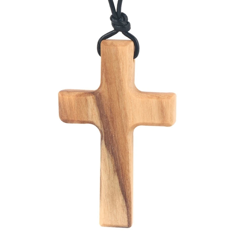 Olive Wood Pendant Long Adjustable Black Leather Rope Necklace Cross-shape Pendant Christian Gifts for Men and Women B