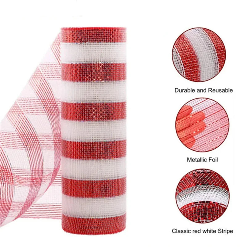 10Yard Christmas Red White Metallic Mesh Ribbon Xmas Tree Candy Cane Decoration Ornament DIY Wreath Bow 2024 New Year Gift 26cm