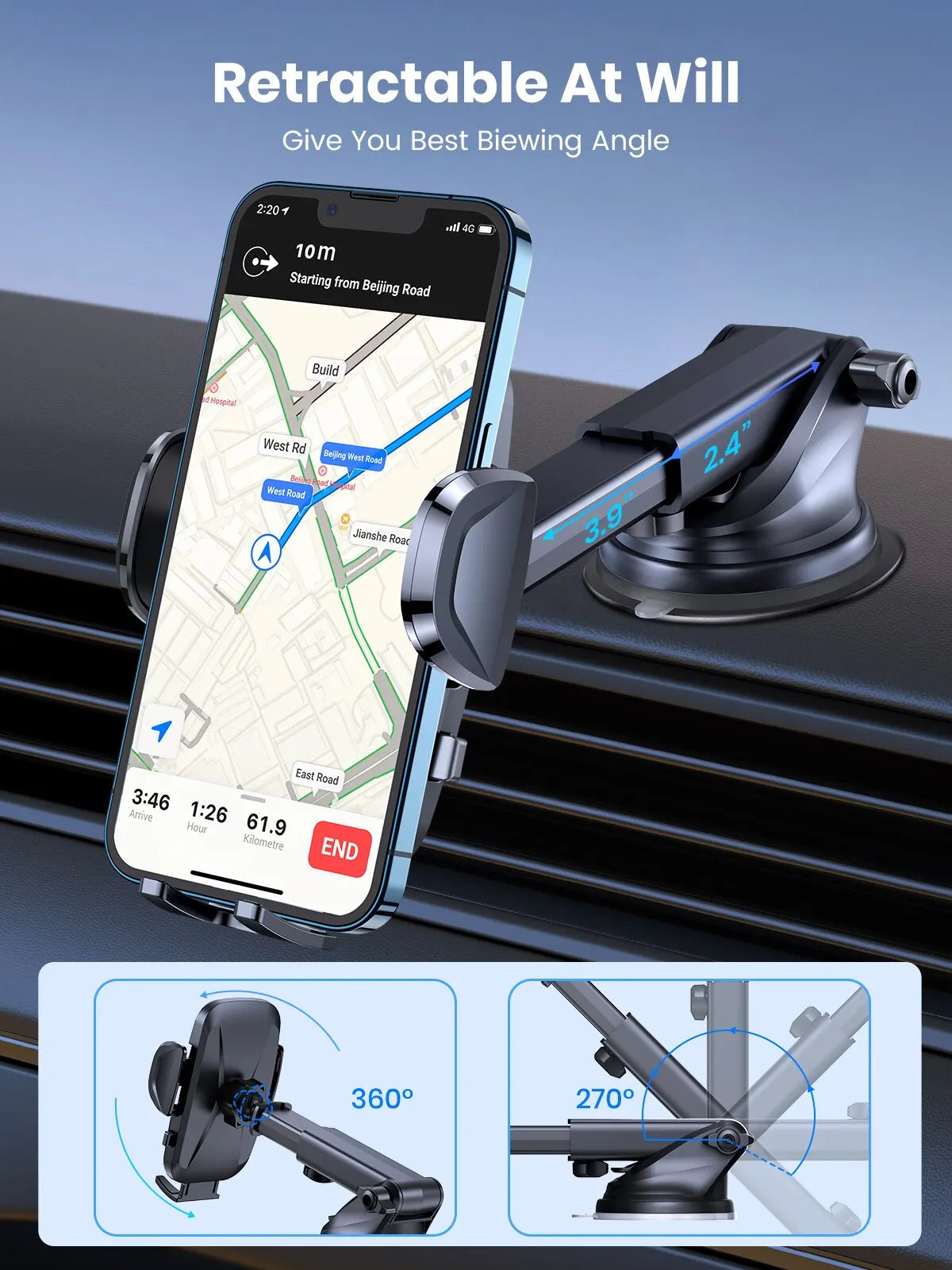 TOPK D36 Car Phone Holder Adjustable Car Phone Mount Cradle Super Stable for Dashboard/Windscreen/Air Vent for Mobile Phones