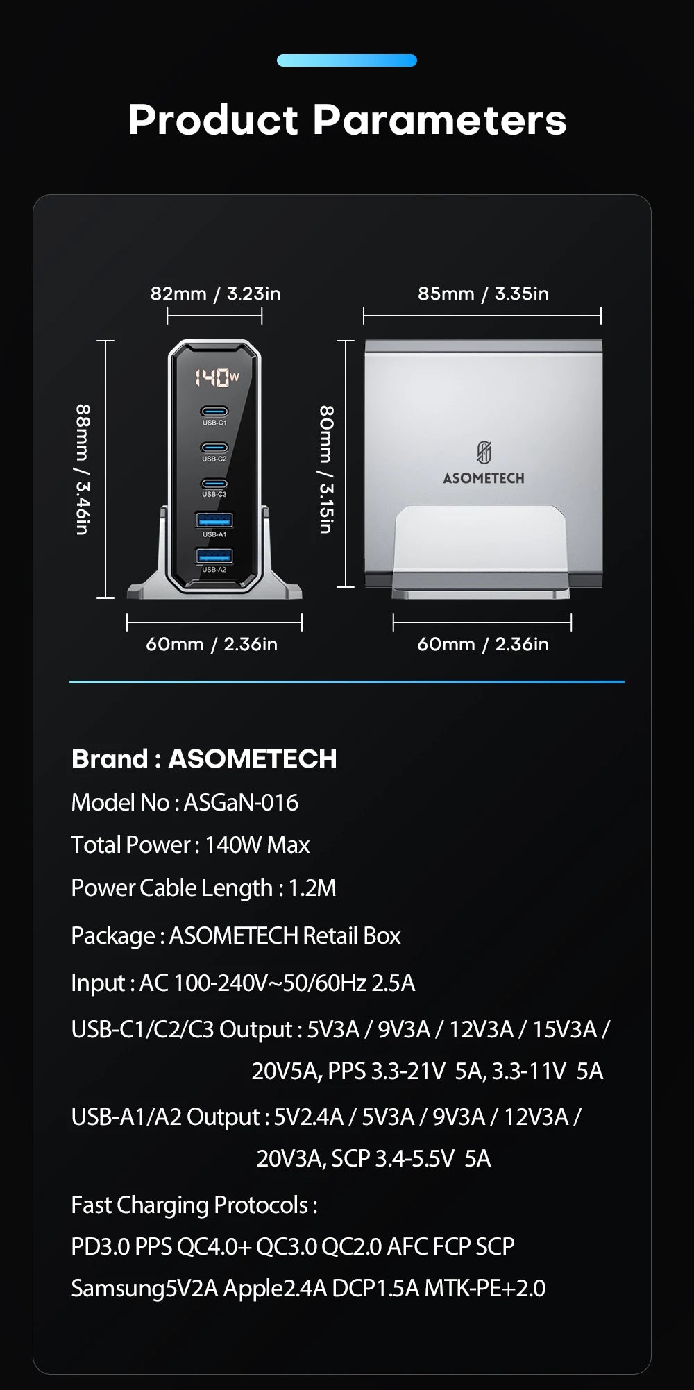 ASOMETECH 140W GaN USB Type C Fast Charger Multiple Ports QC4.0 PD Quick Charger For Macbook Laptop Tablet iPhone 14 Samsung S23