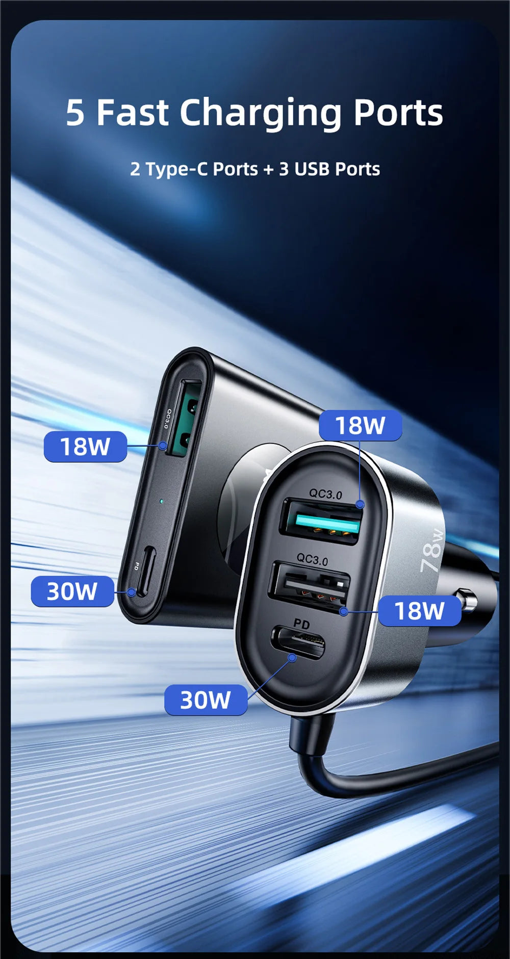 Joyroom 78W 5-in-1 Car Charger Fast USB C Car Charger with 1.5m Cable PD 3.0 QC 4.0 3.0 PPS 25W Type C Multi Car Charger Adapter
