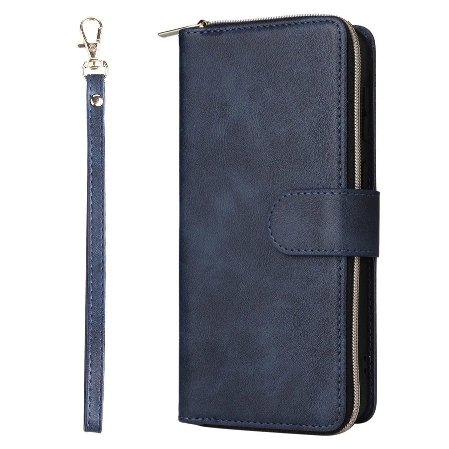 Wallet Luxury 9-Card Leather Case For Samsung Galaxy S23 Ultra S22 Ultra S21 Plus S20 FE S10 Lite S9 S8 Note 20 Ultra 10 Lite Blue