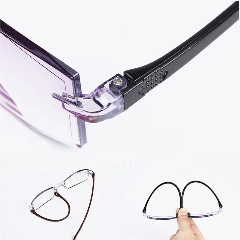 New Men Women Rimless Reading Glasses Anti Blue Light Bifocal Far Near Magnification Eyewear Presbyopic Glasses +150 +200