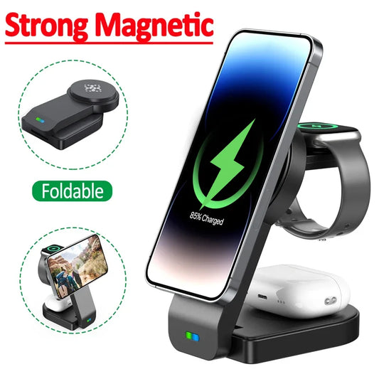 3 In 1 Magnetic Wireless Charger Stand Pad Foldable Fast Charging Station Dock For iPhone 15 14 13 12 Pro Max IWatch 8 7 Airpods