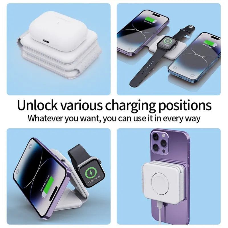 3 in 1 Magnetic Wireless Charger Pad Foldable Phone Chargers Stand For iPhone 14 13 12 Airpods IWatch 7 6 5 Xiaomi Fast Charging