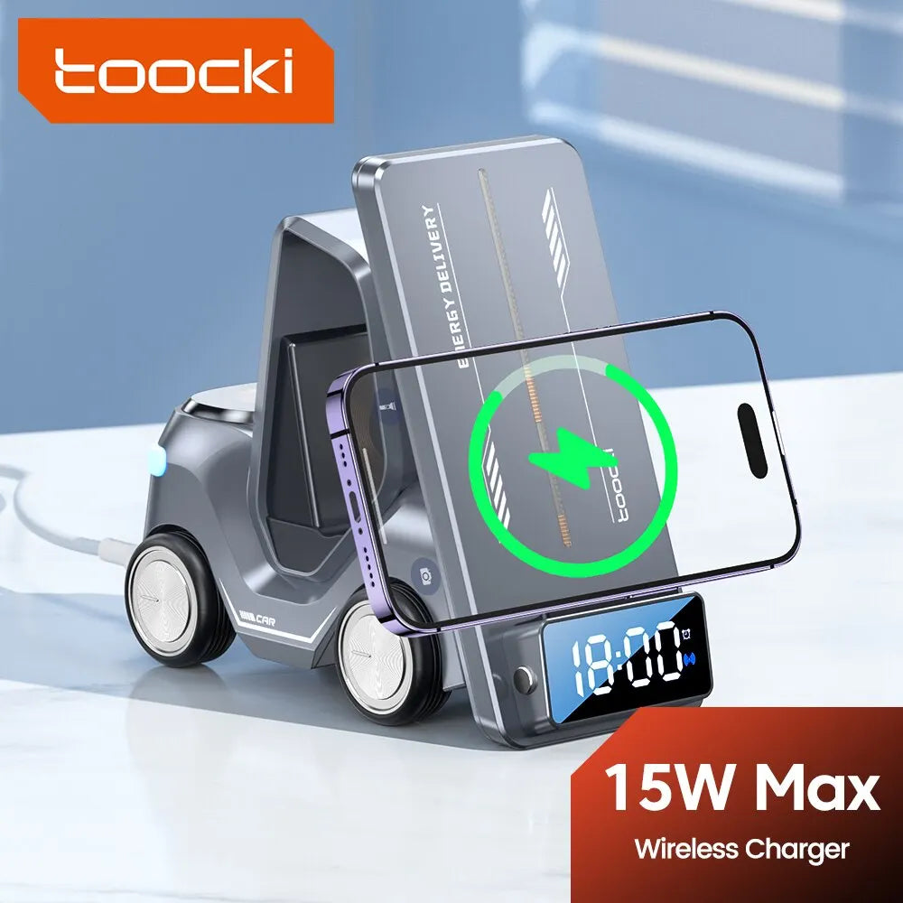 Toocki 5 in 1 Wireless Charger Phone Stand For iPhone 15 14 13 15W Fast Charging Magnetic Dock Station For Apple Watch Earphones Gray