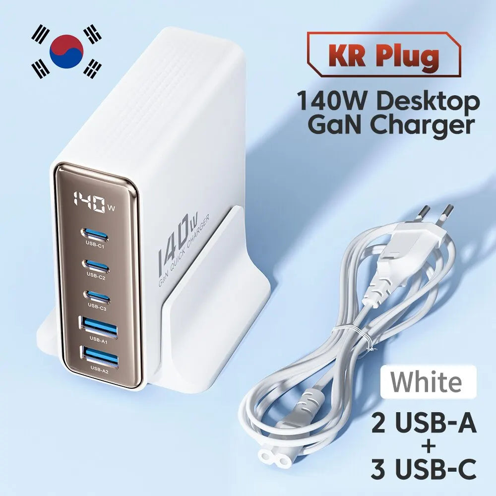 Toocki 140W GaN USB Charger 5in1 Desktop Fast Charge USB Type C Charger LED Display Charger For iPhone Xiaomi Smartphone Laptop KR White