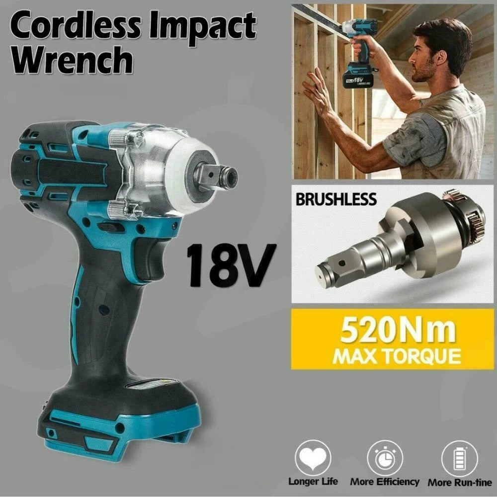 Brushless Electric Impact Wrench 520N.M 1/2" Cordless Battery Screwdriver Rechargeable Wrench Power Tool for Makita 18V Battery