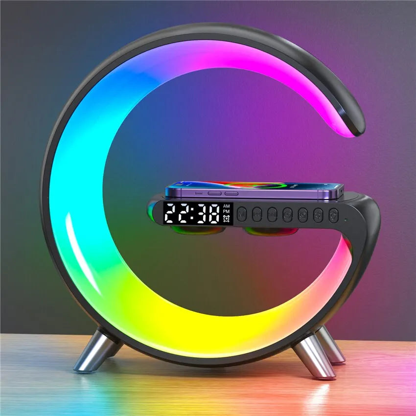 Wireless Charger Stand Alarm Clock Bluetooth Speaker LED Lamp RGB Night Light Fast Charging Station for iPhone Samsung Xiaomi Black