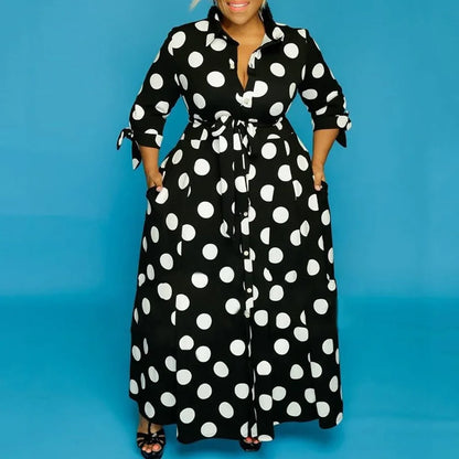 CM.YAYA Autumn Dot Print Button Up Plus Size XL-5XL Women Blousers Maxi Dress Vestidos Streetwear Long Dresses Vestidos black