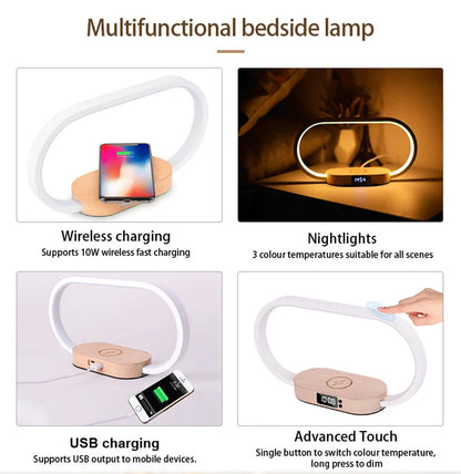 Multifunction Wireless Charger Pad Stand Clock LED Desk Lamp Night Light USB Port Fast Charging Station Dock for iPhone Samsung