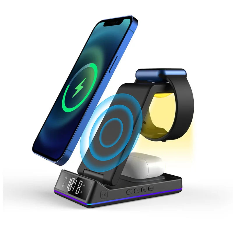 5 In 1 15W Foldable Wireless Charger Stand RGB LED Clock Fast Charging Station Dock for iPhone Samsung Galaxy Watch 5/4 S22 S21