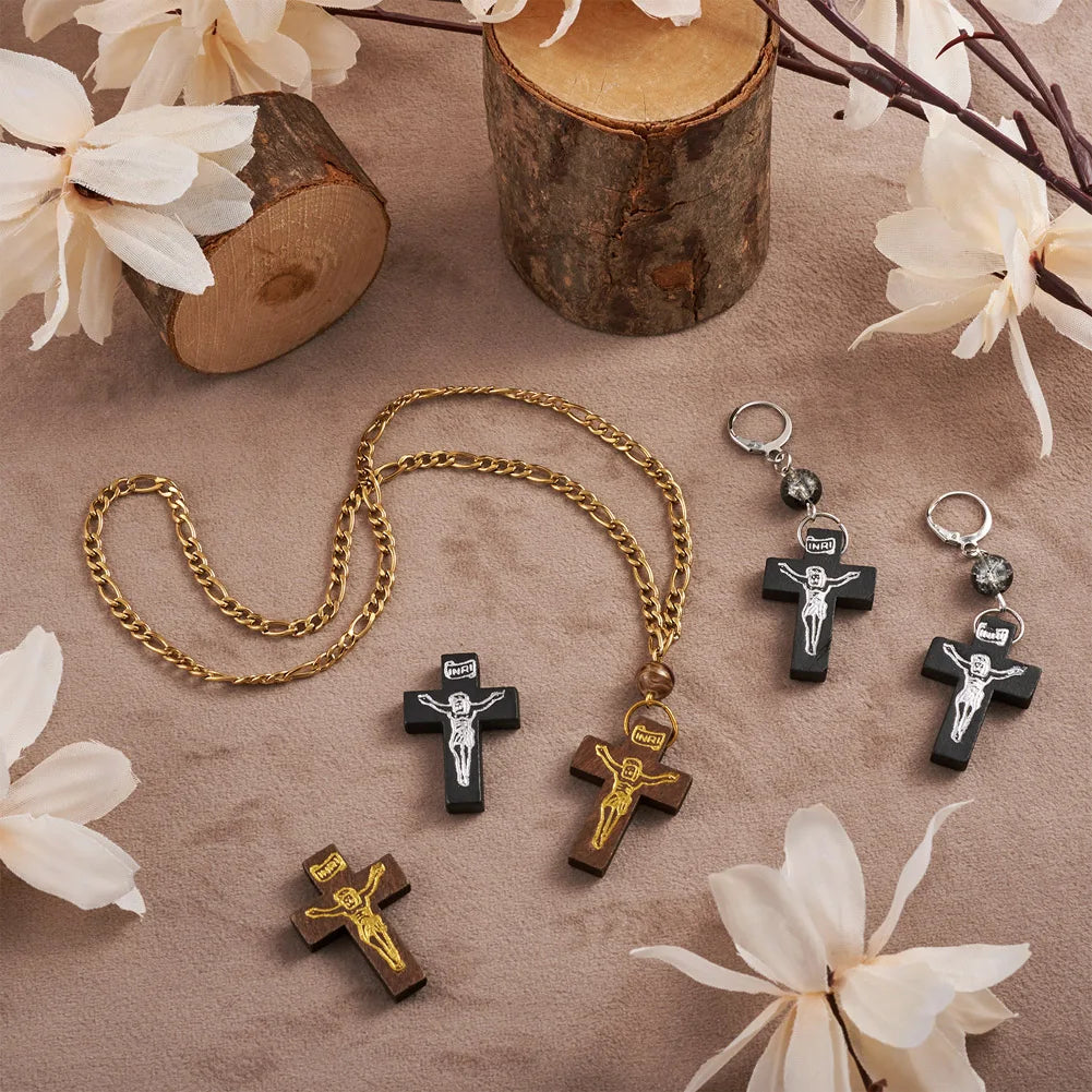 100Pcs Wooden Cross Pendants Printed Wood Charms For Easter Jewelry Bracelet Necklace Making Findings Mxied Color