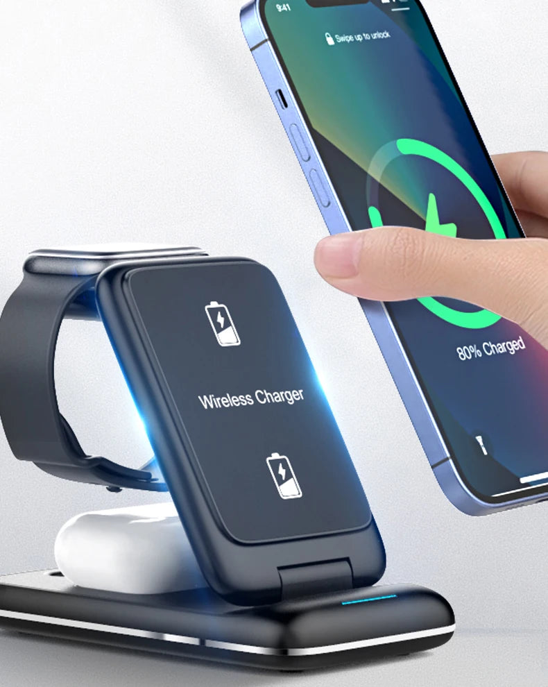 3 in 1 Wireless Charger Stand Foldable for iPhone 14 13 12 11 XS XR X 8 Apple Watch 8 7 6 Airpods Pro 15W Fast Charging Station