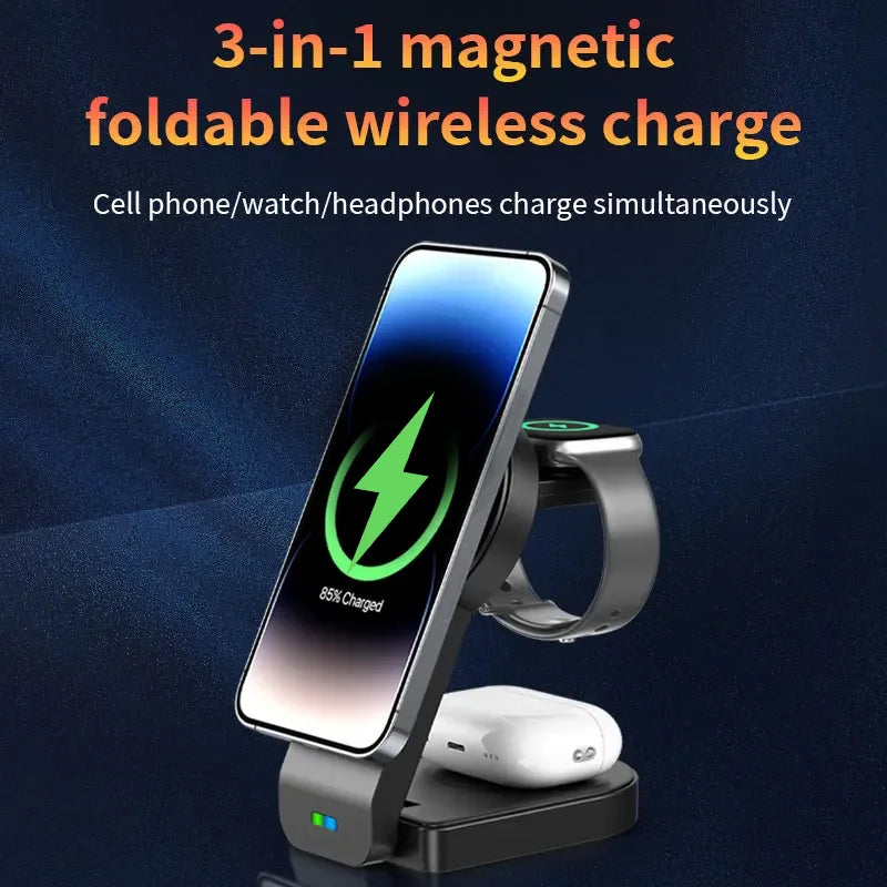 3 In 1 Magnetic Wireless Charger Stand Pad Foldable Fast Charging Station Dock For iPhone 15 14 13 12 Pro Max IWatch 8 7 Airpods