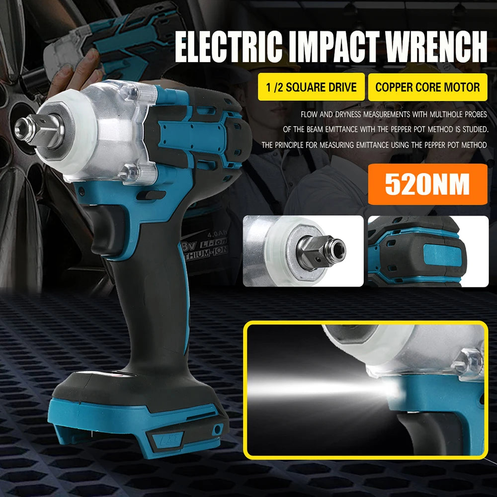 Brushless Electric Impact Wrench 520N.M 1/2" Cordless Battery Screwdriver Rechargeable Wrench Power Tool for Makita 18V Battery