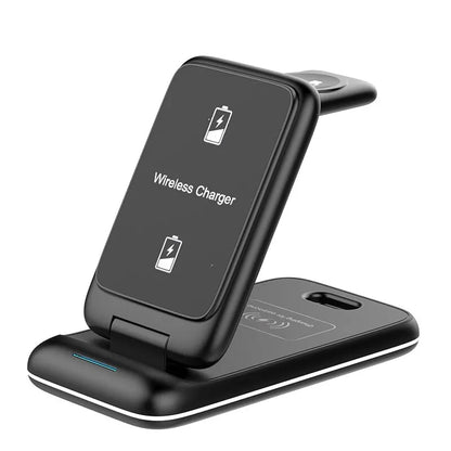 3 in 1 Wireless Charger Stand Foldable for iPhone 14 13 12 11 XS XR X 8 Apple Watch 8 7 6 Airpods Pro 15W Fast Charging Station Black
