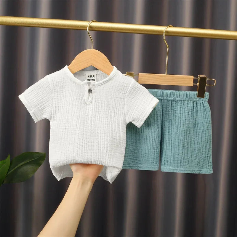 0-5Y Baby Summer Sets Solid Cotton Linen T-shirts+Elasctic Shorts Kids Clothes Casual Clothing Sets for Children Outfit Set White Blue