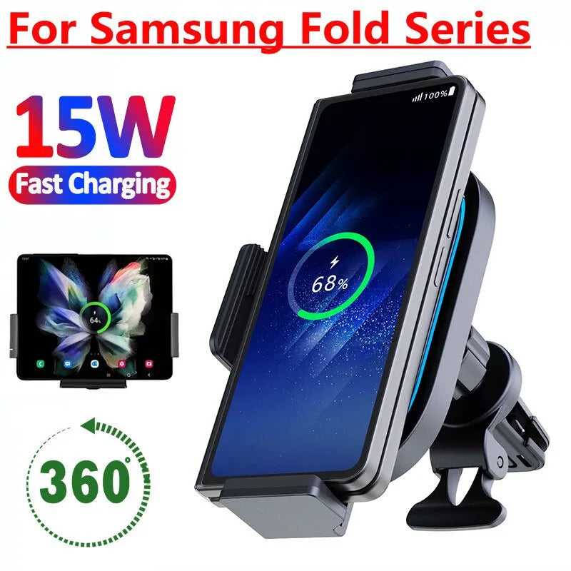 Car Wireless Charger Phone Holder Mount For Samsung Galaxy Z Fold 4 3 2 iPhone Xiaomi Fold Screen 15W Fast Car Charging Station