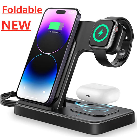 3 In 1 Wireless Charger Stand Pad For iPhone 14 13 12 11X8 Apple Watch 8 7 6 5 Airpods Foldable 15W Fast Charging Dock Station