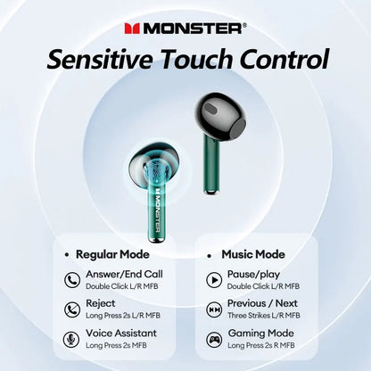 Monster XKT16 Wireless Earphones Bluetooth 5.3 Gaming Headset HiFi Sound HD Call Music Earbud Touch Control Headphones Dual Mode