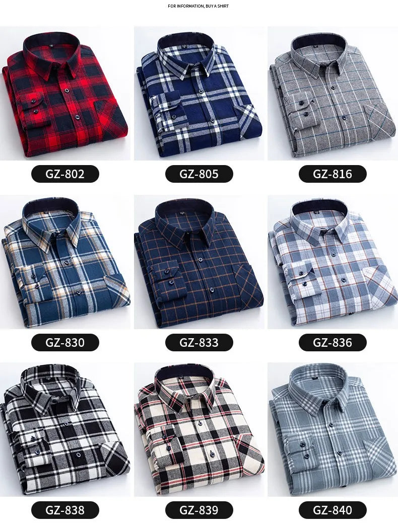 Long Sleeve Regular Fit Home New Spring Autumn 100% Cotton Plaid Mens Shirts Casual for Man Clothes Plus Size