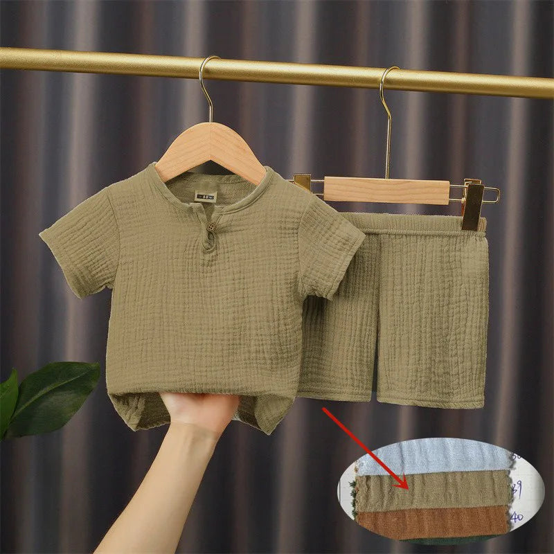 0-5Y Baby Summer Sets Solid Cotton Linen T-shirts+Elasctic Shorts Kids Clothes Casual Clothing Sets for Children Outfit Set Brown