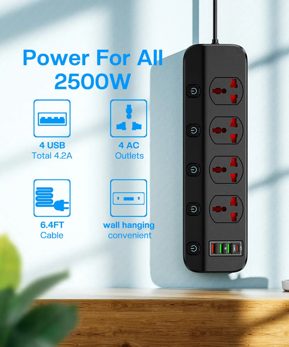 2500W Power Strip Overload Protection With 4 Universal Socket 5 Swich 4 USB Charging Ports USB C Charger 1.97M Extension Cable