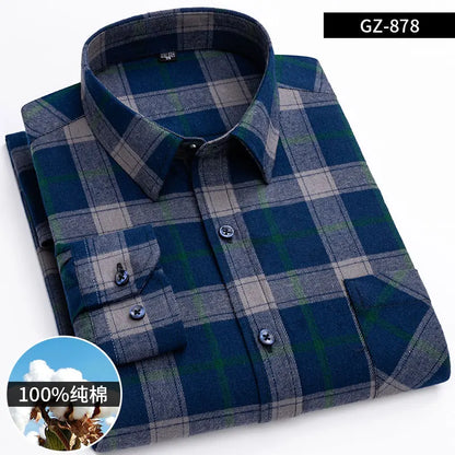 Long Sleeve Regular Fit Home New Spring Autumn 100% Cotton Plaid Mens Shirts Casual for Man Clothes Plus Size 878