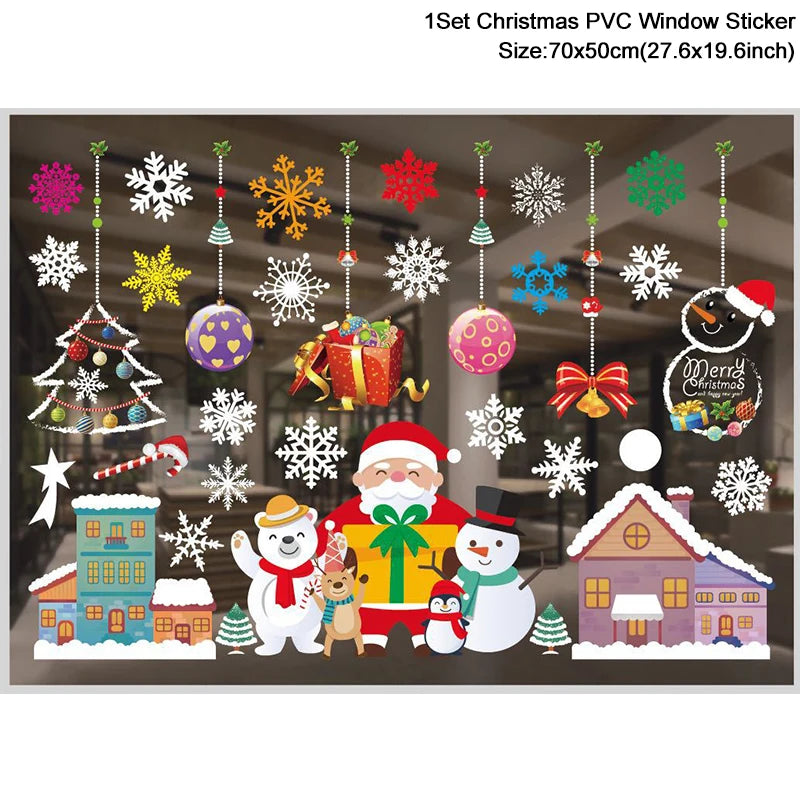 1Set Santa Claus Snowman Elk Window Stickers Snowflake Electrostatic Wall Sticker 2024 Christmas Decoration For Home New Year set18