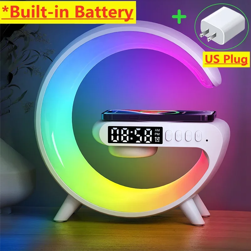 Mini Multifunction Wireless Charger Pad Stand Speaker TF RGB Night Light Fast Charging Station for iPhone Samsung Xiaomi Huawei White with US Plug