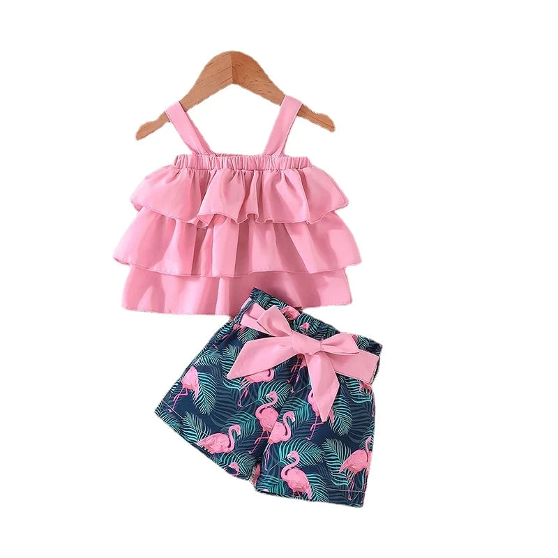 Baby Clothes Set 6Months - 3Years old Sleeveless Croptop and Cartoon Flamingo Shorts Outfit Clothing Suit For Kids Newborn Girl Pink