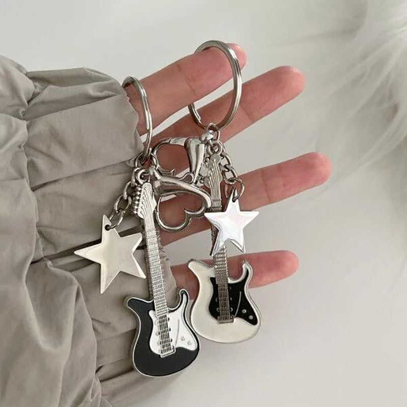 Guitar Keychain Love Heart Star Key Chain For Women Girl Y2K Sweet Keychain Cool Trend Hanging Pendant Vintage Accessories