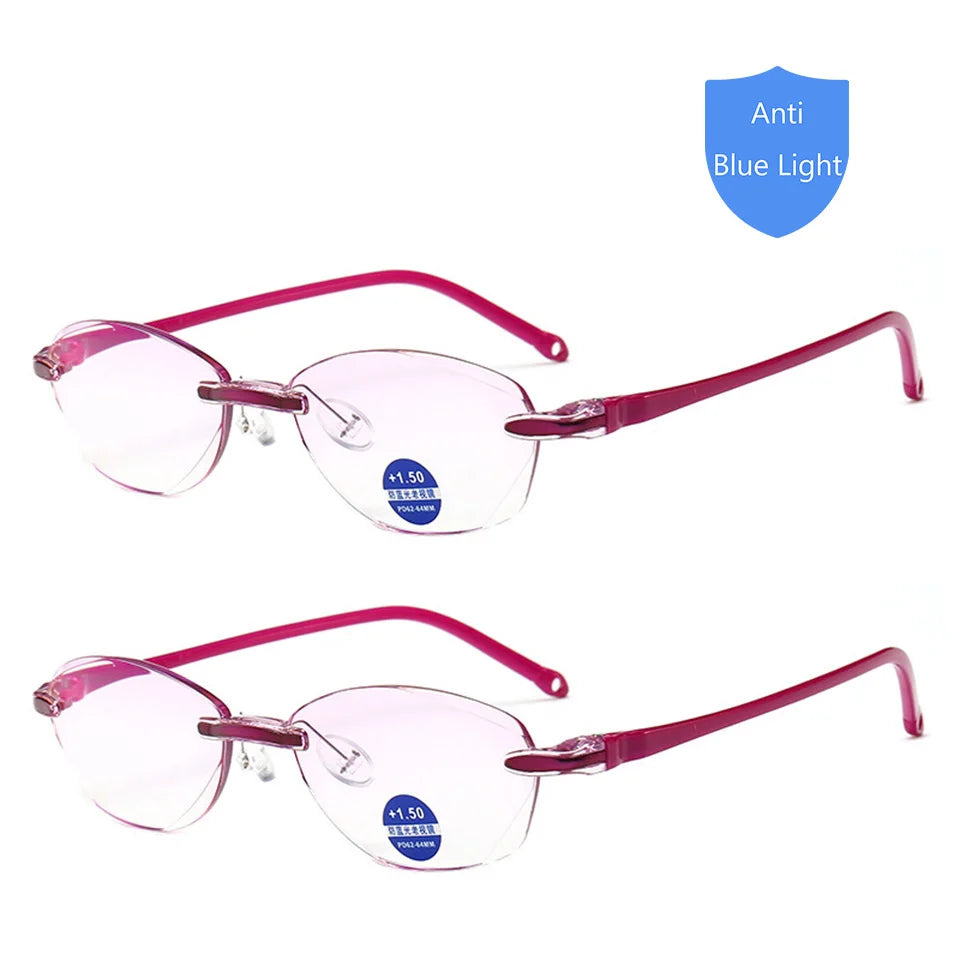 Reading Glasses Men Anti Blue Rays Presbyopia Goggles Women Vintage Rimless Eyewear Diopter +1.0 1.5 2.0 2.5 3.0 3.5 4.0 purple-2PCS