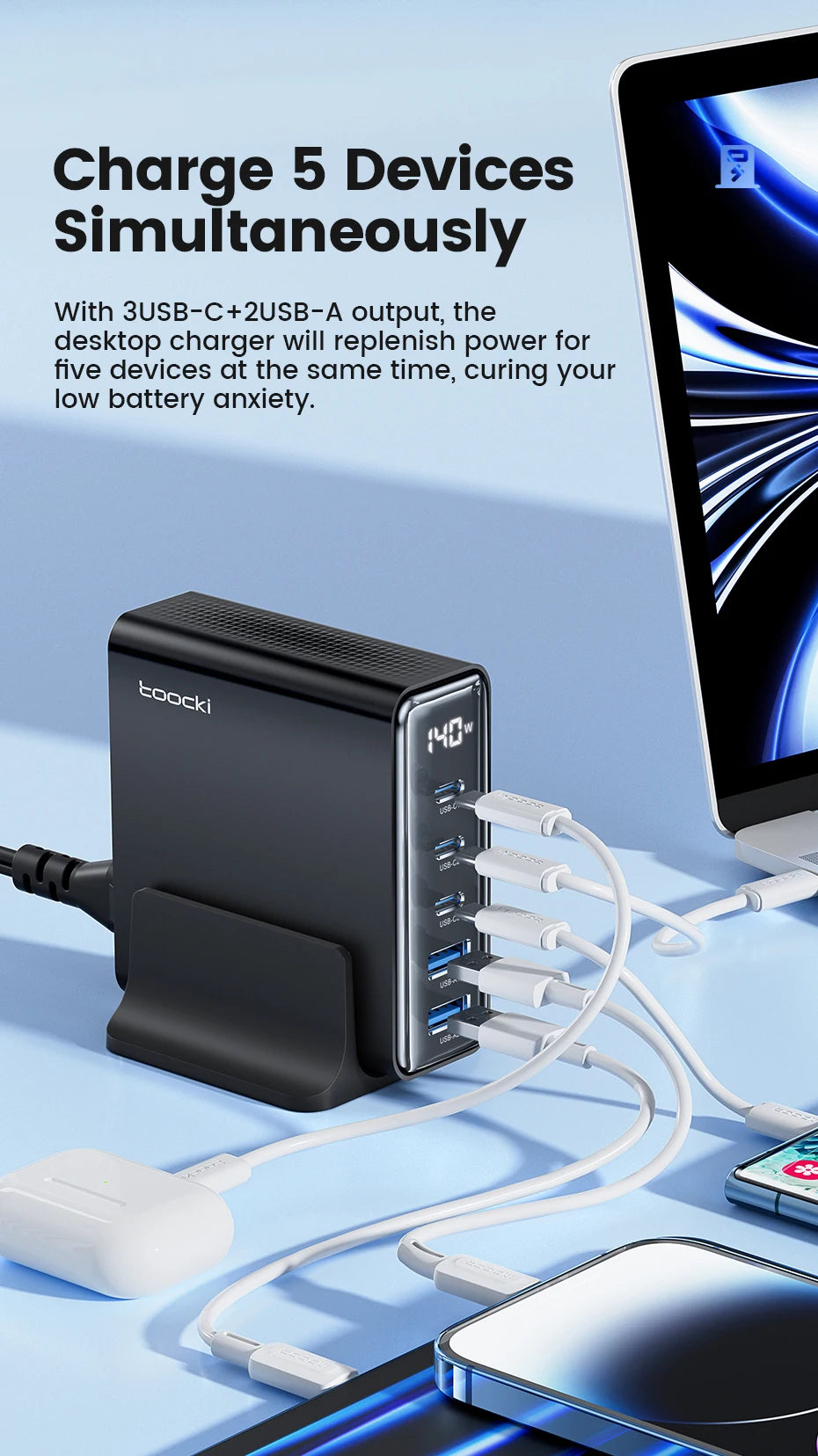 Toocki 140W GaN USB Charger 5in1 Desktop Fast Charge USB Type C Charger LED Display Charger For iPhone Xiaomi Smartphone Laptop