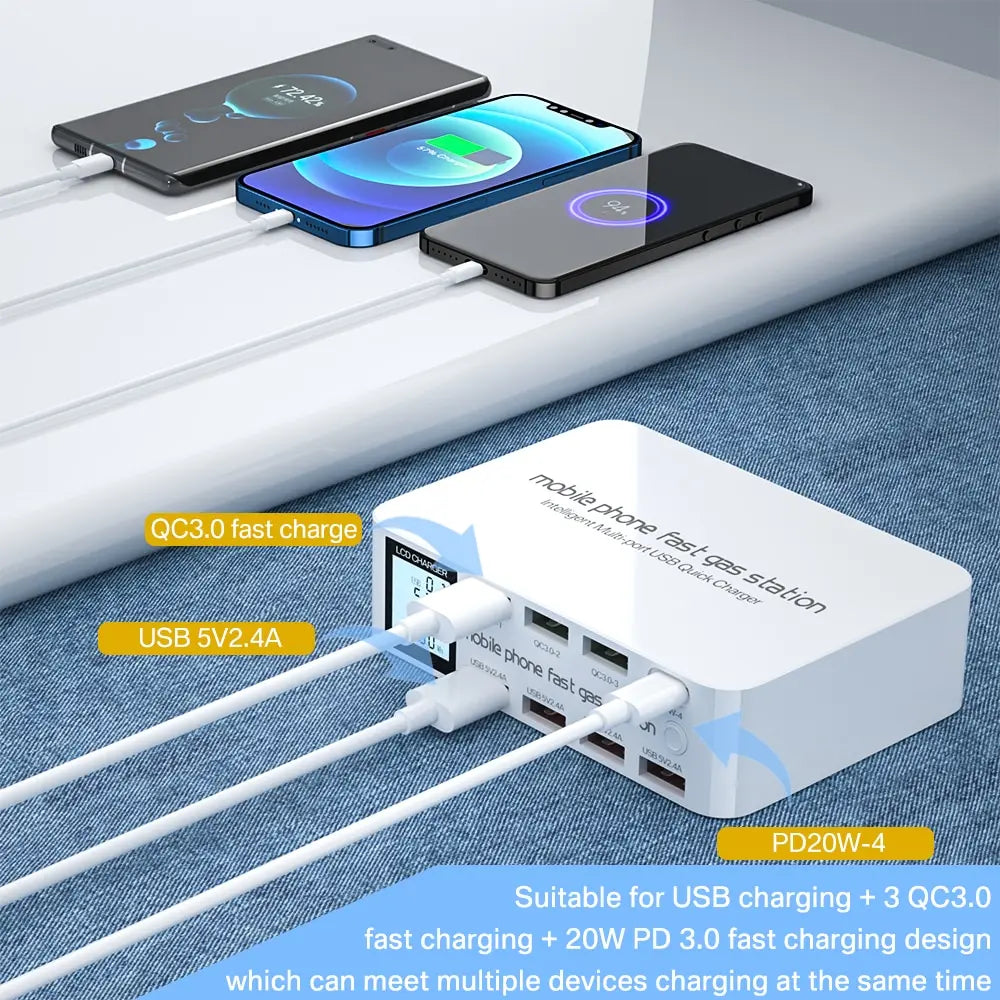 100W USB Charging Station With 3 QC3.0 Quick Charge USB Port 20W PD USB Type C Port LCD Display Fast Charger For iPhone Xiaomi