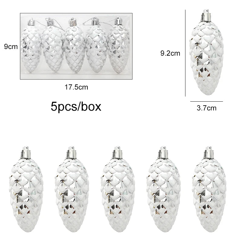 5Pcs Painted Christmas Pine Cone Xmas Tree Hanging Ornament Pendants Merry Christmas Decoration for Home Navidad New Year Gift silver