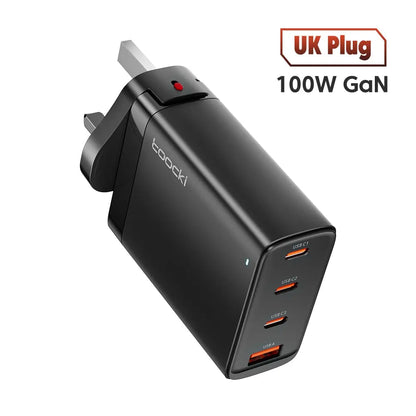 Toocki USB C 100W GaN Charger PD Quick Charger 65W Fast Charging Charger For iPhone 15 14 13 12 11 Pro Max QC3.0 Type C Adapter UK Black 100W