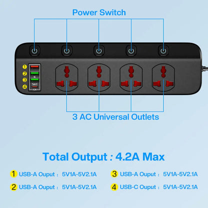 2500W Power Strip Overload Protection With 4 Universal Socket 5 Swich 4 USB Charging Ports USB C Charger 1.97M Extension Cable