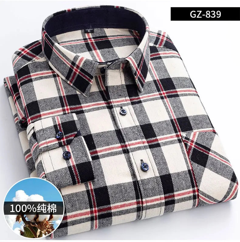 Long Sleeve Regular Fit Home New Spring Autumn 100% Cotton Plaid Mens Shirts Casual for Man Clothes Plus Size