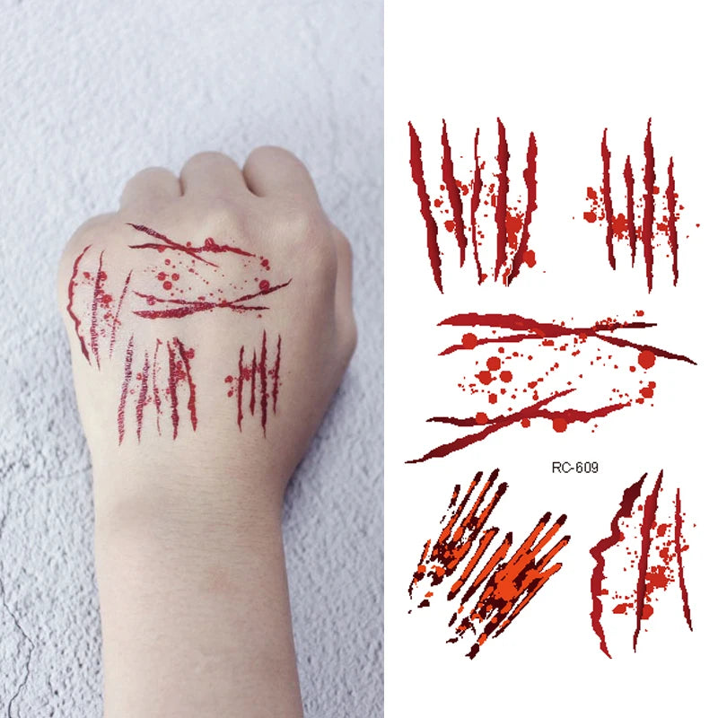 Halloween Waterproof Temporary Tattoos Paper For Men Women Boy Scar Wound Realistic Blood Injury Fash Tattoo Sticker RC-609