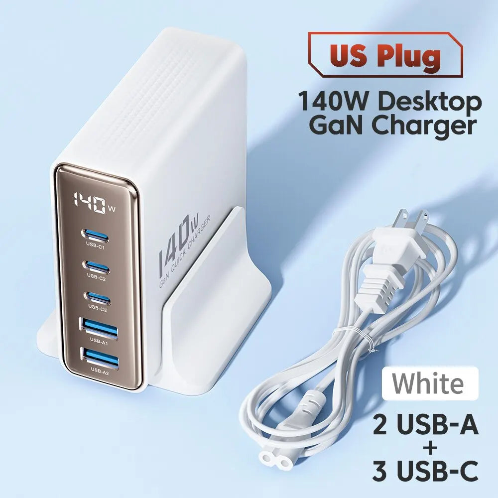 Toocki 140W GaN USB Charger 5in1 Desktop Fast Charge USB Type C Charger LED Display Charger For iPhone Xiaomi Smartphone Laptop US White