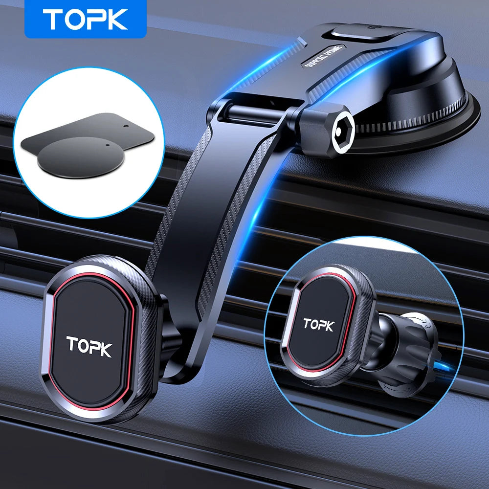 TOPK Magnetic Car Phone Holder 2-IN-1 Handsfree Stand Phone Mount for Dashboard & Air Vent for iPhone Samsung Android