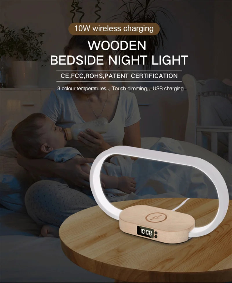 Multifunction Wireless Charger Pad Stand Clock LED Desk Lamp Night Light USB Port Fast Charging Station Dock for iPhone Samsung