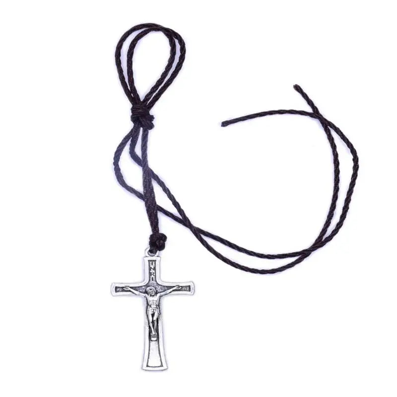 Retro Men Women Necklace with Brown/Black Rope Cross Pendant Christian Religious Natural Wooden for Children Boys Girls