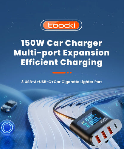 Toocki 150W 5 in 1 Car Charger Fast Charge USB Type C QC PD 3.0 1 Socket Cigarette Lighter Splitter Chargers DC Cigarette Outlet