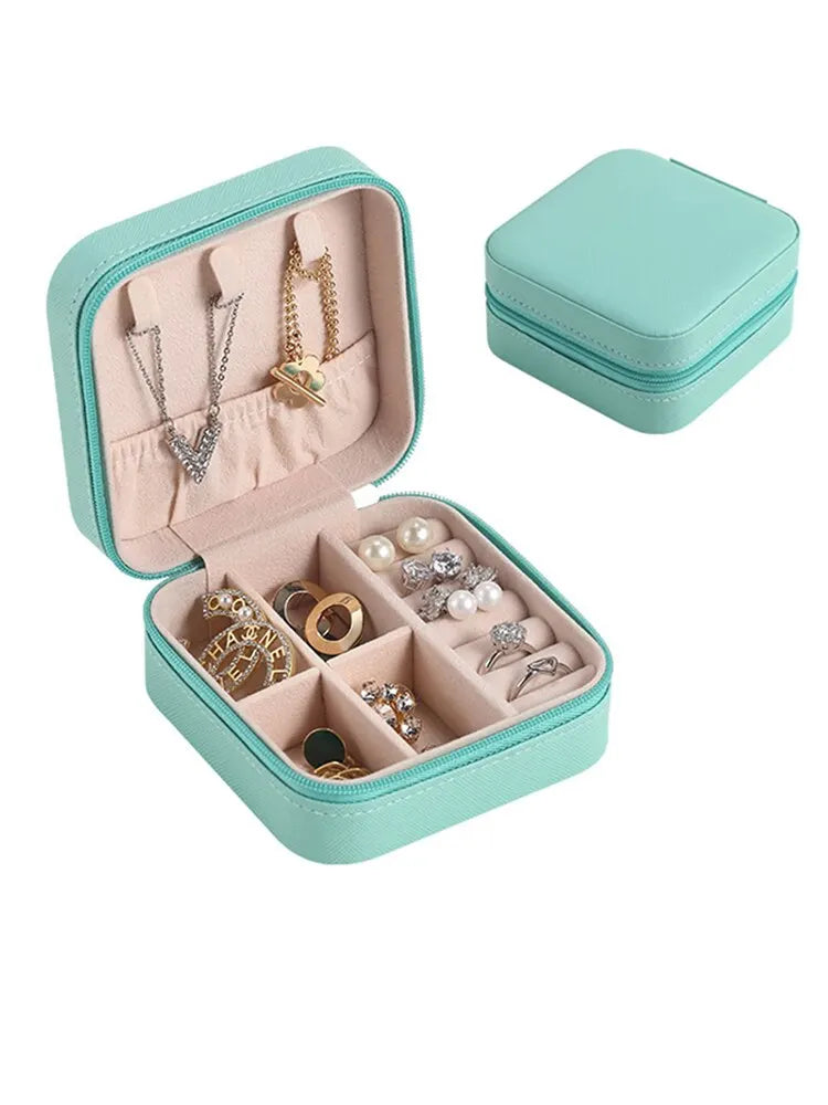 Solid Color Jewelry Organizer Leather Square Small Round Box Ring Earrings Portable Travel Jewelry Storage Bag Green