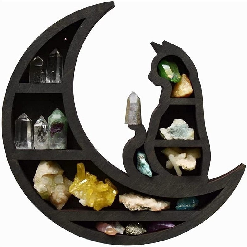 Wooden Cat Moon Star Crystal Shelf Crafts Art Stone Display Rack Wall Hanging Storage Holder Home Living Room Decor Ornaments 01