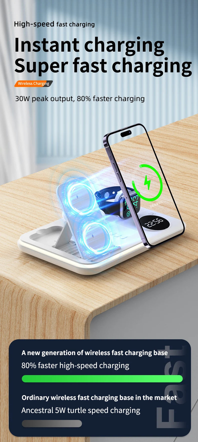 30W 5 In 1 Wireless Charger Stand Light Alarm Clock Fast Charging Station Dock For iPhone 14 13 12 IWatch Samsung Galaxy Watch